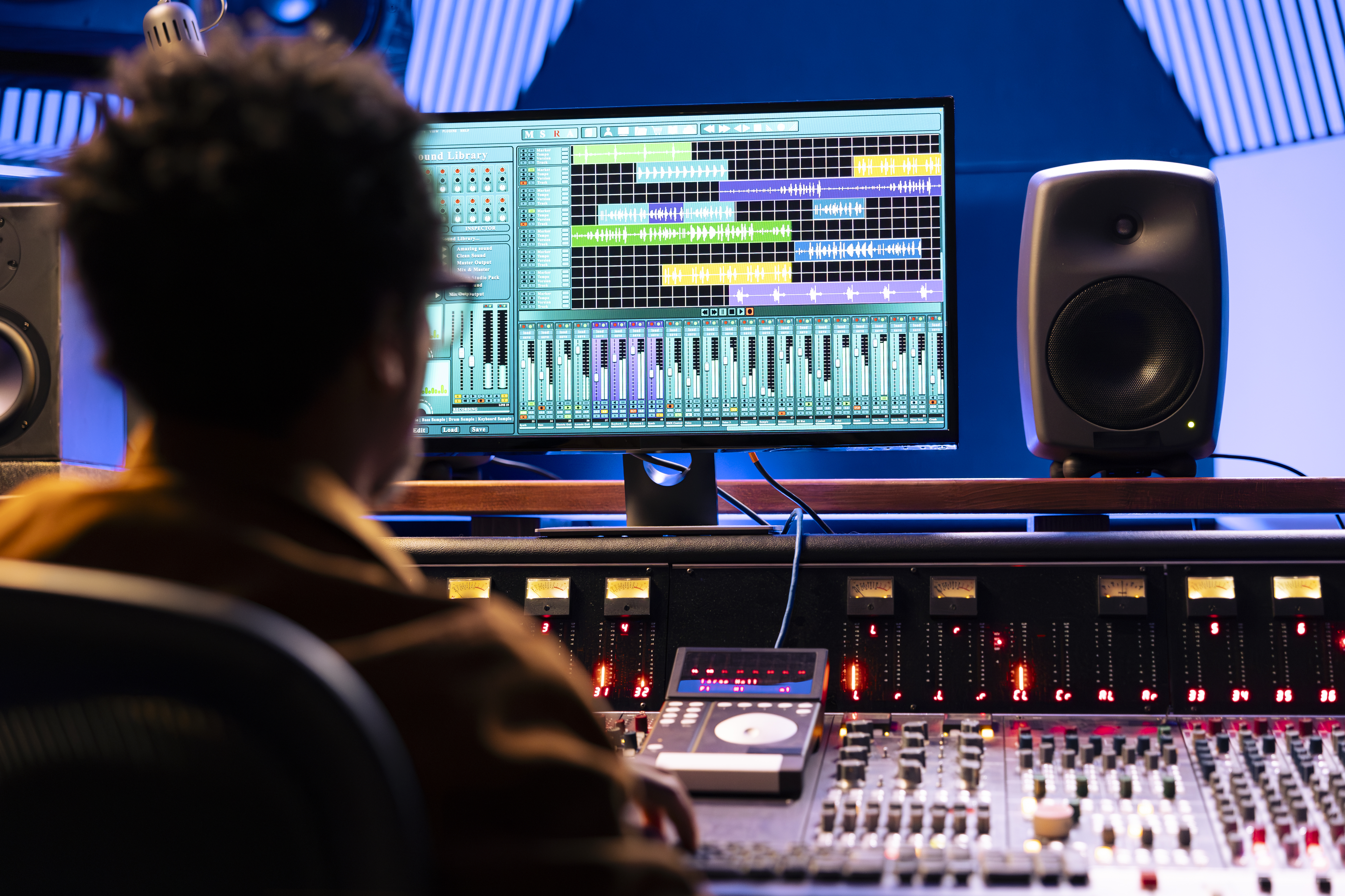 African american tracking engineer working with editing software on pc